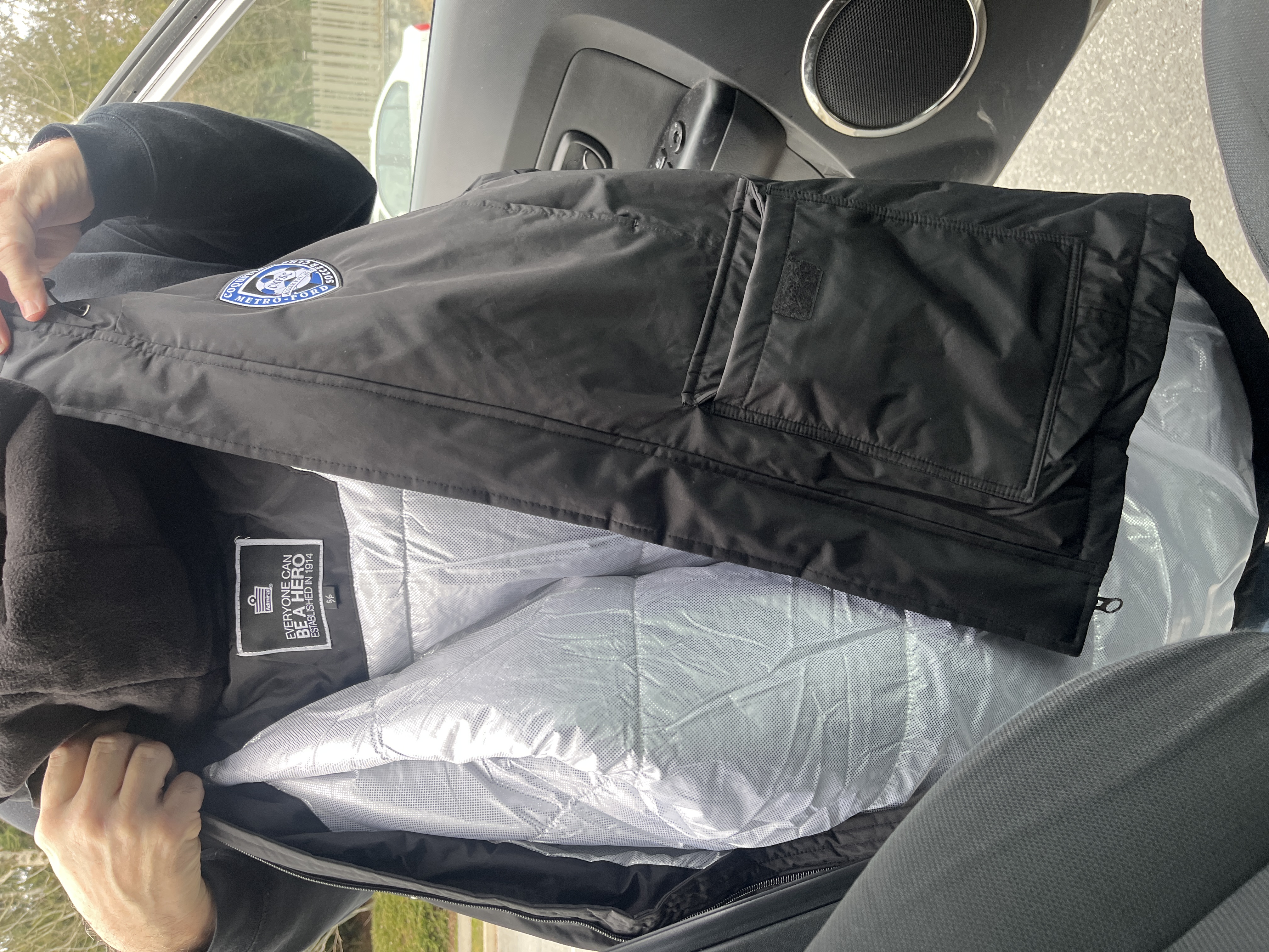 Size small Black long sleeve cmfsc winter coat with hoodie